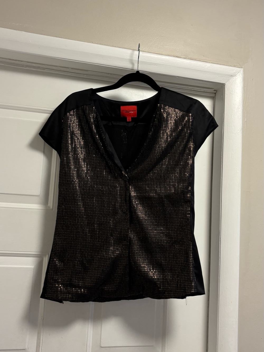 Women's Black Sequin Front Short Sleeve Blouse